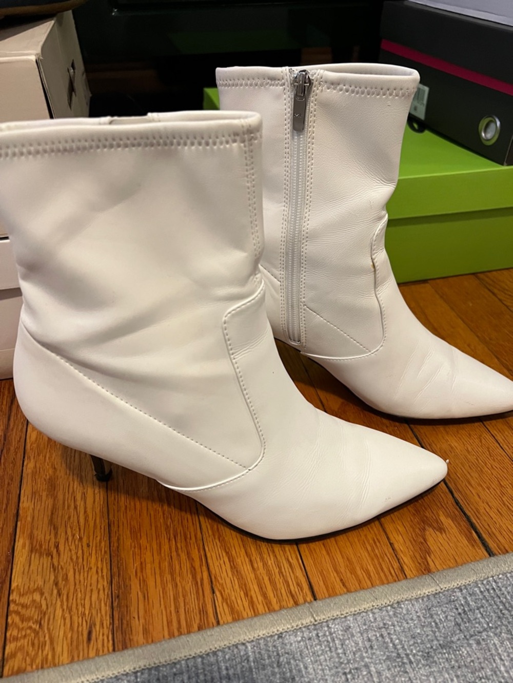 Marc Fisher White Pointed Toe Ankle Boots with Mid Heel